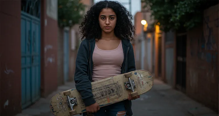 fatima-in-a-small-moroccan-backyard-holding-an-old-scratched-skateboard